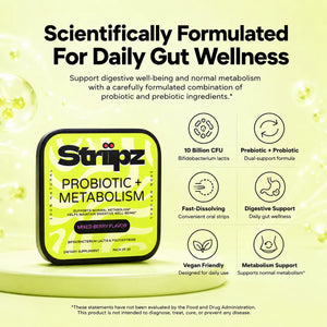 Scientifically formulated Probiotic + Metabolism Strips – 10 billion CFU Bifidobacterium lactis probiotics and prebiotic fiber for daily gut wellness, digestive support, and metabolic support – fast-dissolving oral strips, vegan friendly, mixed berry flavor