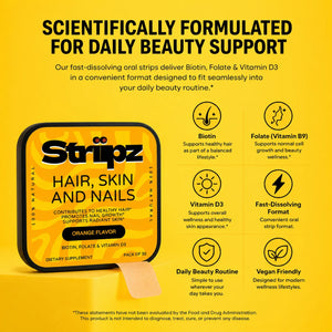 Scientifically formulated Hair, Skin, and Nails Strips – Biotin, Folate, and Vitamin D3 for daily beauty support, healthy hair, nail growth, and radiant skin, fast-dissolving oral strips, vegan-friendly