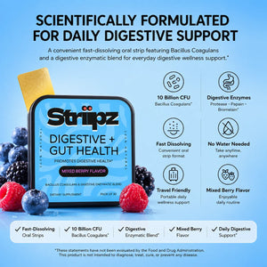 Scientifically formulated Digestive + Gut Health Strips – 10 billion CFU Bacillus Coagulans probiotics and digestive enzymes Protease, Papain, Bromelain for daily digestive support, fast-dissolving oral strips, no water needed
