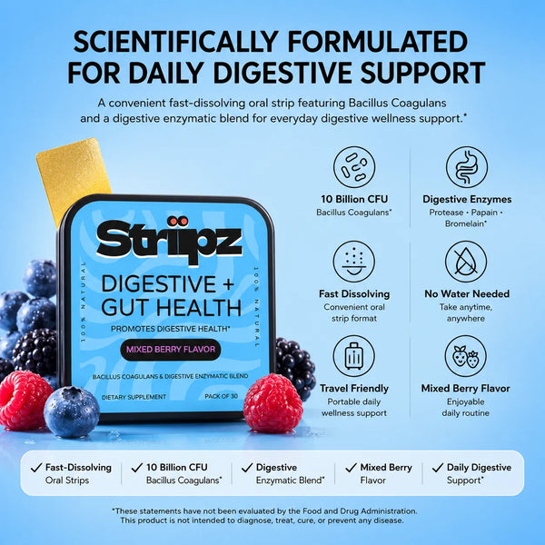 Scientifically formulated Digestive + Gut Health Strips – 10 billion CFU Bacillus Coagulans probiotics and digestive enzymes Protease, Papain, Bromelain for daily digestive support, fast-dissolving oral strips, no water needed