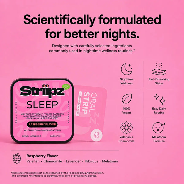 Scientifically formulated Sleep Aid Strips – melatonin, valerian, chamomile, lavender and hibiscus for better nights, restful sleep, and relaxation – fast-dissolving oral strips, 100% vegan, raspberry flavor