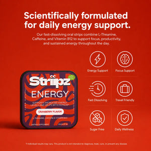 Scientifically formulated Energy Strips – L-Theanine, Caffeine, and Vitamin B12 for daily energy support, focus, productivity, and fatigue relief, fast-dissolving oral strips, sugar-free, travel-friendly