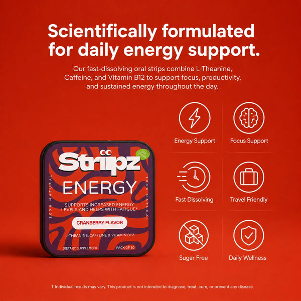 Scientifically formulated Energy Strips – L-Theanine, Caffeine, and Vitamin B12 for daily energy support, focus, productivity, and fatigue relief, fast-dissolving oral strips, sugar-free, travel-friendly