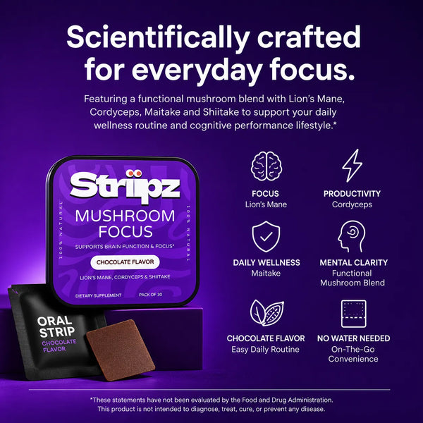 Scientifically crafted Mushroom Focus Strips – Lion's Mane, Cordyceps, Maitake, and Shiitake for everyday focus, brain function, mental clarity, and daily wellness – fast-dissolving oral strips, no water needed, chocolate flavor