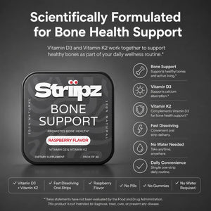 Scientifically formulated Bone Support Strips – Vitamin D3 supports calcium absorption, Vitamin K2 complements D3 for bone health support, fast-dissolving oral strips, no pills, no gummies
