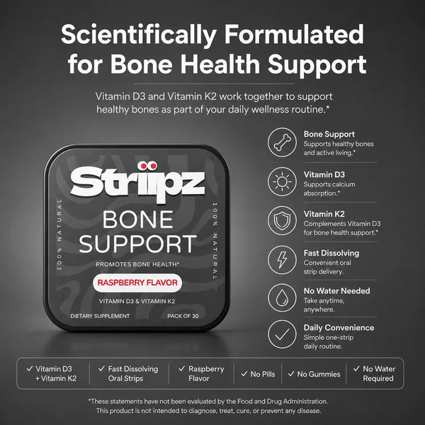 Scientifically formulated Bone Support Strips – Vitamin D3 supports calcium absorption, Vitamin K2 complements D3 for bone health support, fast-dissolving oral strips, no pills, no gummies