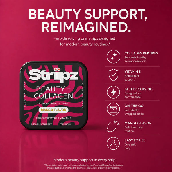 Beauty support reimagined – Beauty + Collagen Strips with collagen peptides for healthy skin, Vitamin E for antioxidant support, fast-dissolving and on-the-go