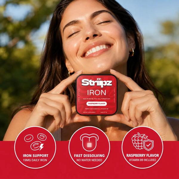 Iron Strips – iron support with 19mg gentle iron and folate for energy, red blood cell formation, and daily vitality – fast dissolving, raspberry flavor, no water needed