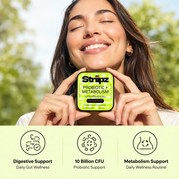 Probiotic + Metabolism Strips – digestive support, metabolism support, and daily gut wellness with 10 billion CFU Bifidobacterium lactis probiotics and prebiotic fiber for digestive well-being