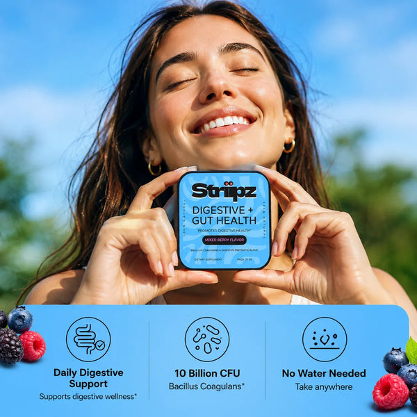 Digestive + Gut Health Strips – daily digestive support with 10 billion CFU Bacillus Coagulans probiotics and digestive enzymes, no water needed, mixed berry flavor