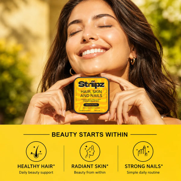 Hair, Skin, and Nails Strips – beauty starts within with Biotin, Folate, and Vitamin D3 for healthy hair, radiant skin, and strong nails – daily beauty support