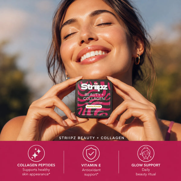 Beauty + Collagen Strips – collagen peptides for healthy skin support, Vitamin E for antioxidant support, daily beauty ritual, mango flavor