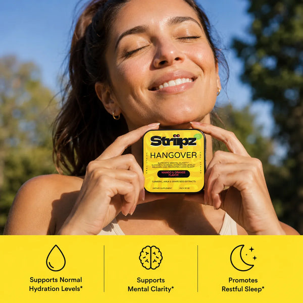 Hangover Relief Strips – supports mental clarity, normal hydration levels, and restful sleep with turmeric, amla, and grape seed extracts for post-party recovery