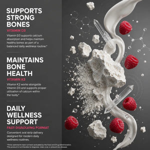 Bone Support Strips benefits – Vitamin D3 supports calcium absorption and strong bones, Vitamin K2 maintains bone health, fast-dissolving format for daily wellness