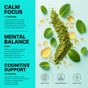 Cognitive Relax Strips benefits – L-Theanine promotes calm focused state, GABA supports relaxation and mental balance, Vitamin B6 supports cognitive function and neurotransmitter production