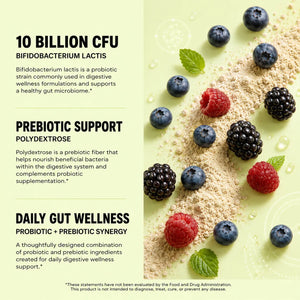 Probiotic + Metabolism Strips benefits – Bifidobacterium lactis probiotics support healthy gut microbiome and digestive balance, polydextrose prebiotic fiber nourishes beneficial bacteria, probiotic + prebiotic synergy for daily gut wellness