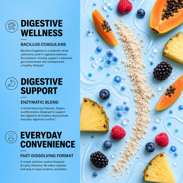 Digestive + Gut Health Strips benefits – Bacillus Coagulans probiotics support balanced gut environment, enzymatic blend with Protease, Papain, Bromelain supports protein digestion and digestive comfort
