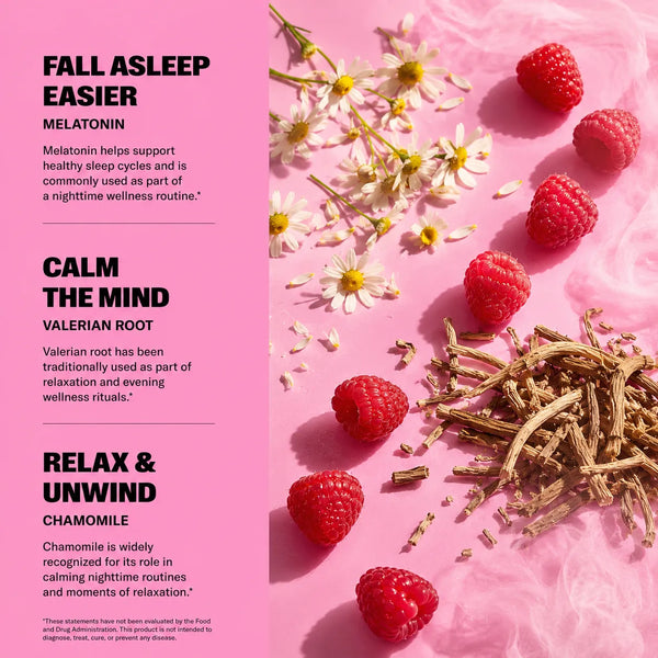 Sleep Aid Strips benefits – melatonin supports healthy sleep cycles, valerian root calms the mind for relaxation, chamomile promotes calming nighttime routines for restful sleep