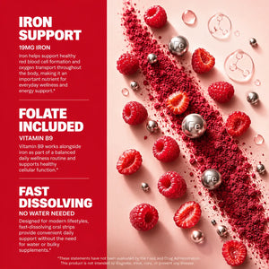 Iron Strips benefits – 19mg iron supports red blood cell formation and oxygen transport for energy; folate supports cellular function; fast-dissolving format for convenient daily use