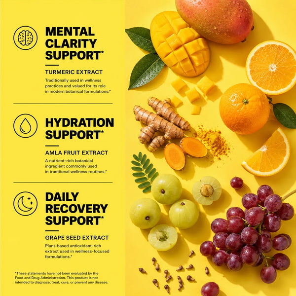 Hangover Relief Strips benefits – turmeric extract for wellness support, amla fruit extract for hydration support, grape seed extract for antioxidant recovery support