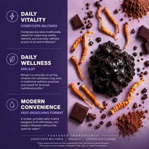 Libido Support Strips benefits – Cordyceps supports vitality and stamina, Shilajit provides mineral-rich nutritional support for sexual wellness, fast-dissolving format for convenient daily use