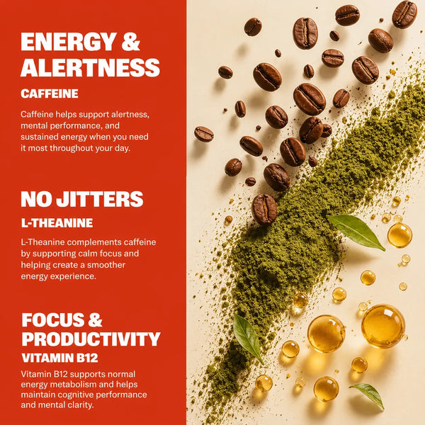 Energy Strips benefits – Caffeine supports alertness and sustained energy, L-Theanine promotes calm focus without jitters, Vitamin B12 supports energy metabolism and cognitive performance