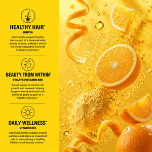 Hair, Skin, and Nails Strips benefits – Biotin supports healthy hair and beauty wellness, Folate supports cell growth and renewal, Vitamin D3 supports overall wellness and beauty routine