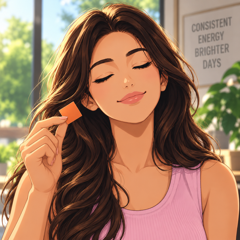 An illustrated woman with long wavy brown hair and a pink ribbed tank top holds a small orange square near her face in a bright indoor setting. A blurred sign in the background reads 'CONSISTENT ENERGY BRIGHTER DAYS.