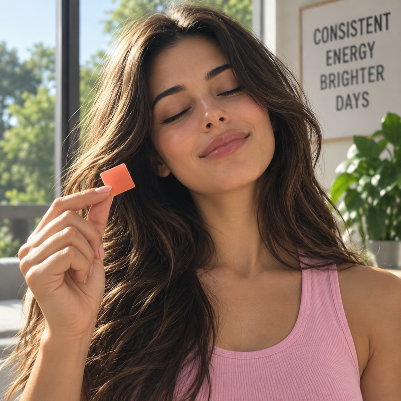 A woman with long wavy brown hair wearing a pink ribbed tank top holds a small peach-colored square supplement or candy near her face in a bright indoor setting.