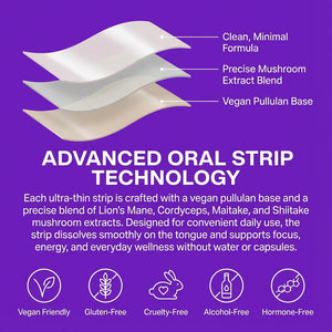 Advanced oral strip technology – Mushroom Focus Strips with clean, minimal formula, Lion's Mane, Cordyceps, Maitake, and Shiitake mushroom extracts, vegan pullulan base, gluten-free, cruelty-free, hormone-free