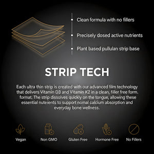 Strip tech – Bone Support Strips with clean, filler-free formula, Vitamin D3 and K2, plant-based pullulan strip, vegan, non-GMO, gluten-free, hormone-free