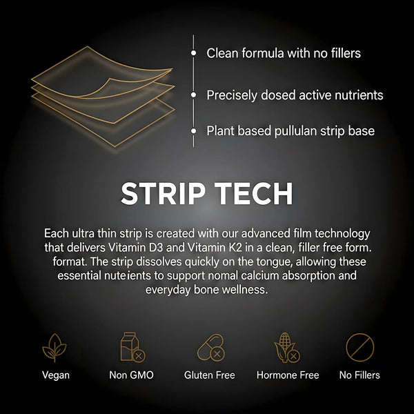Strip tech – Bone Support Strips with clean, filler-free formula, Vitamin D3 and K2, plant-based pullulan strip, vegan, non-GMO, gluten-free, hormone-free