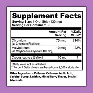 Appetite Balance and Weight Support Strips supplement facts – 75 mcg chromium, 10 mcg molybdenum, 10 mg saffron extract per serving – 30 oral strips per container