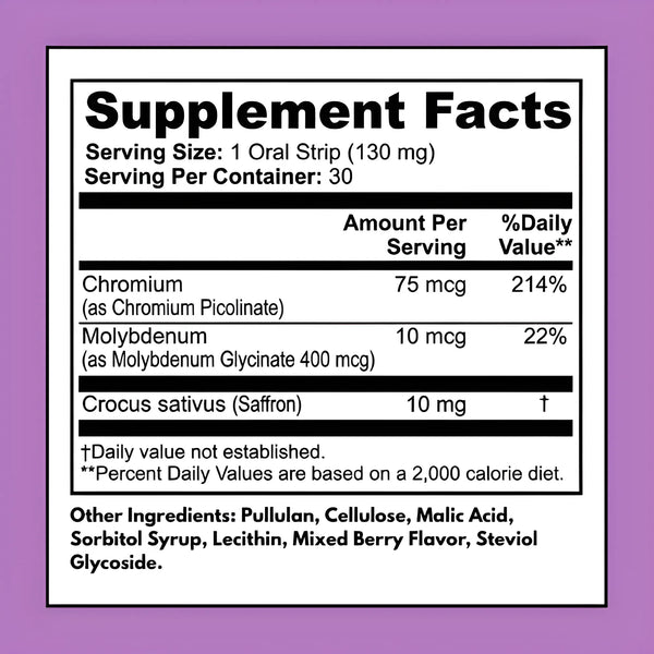 Appetite Balance and Weight Support Strips supplement facts – 75 mcg chromium, 10 mcg molybdenum, 10 mg saffron extract per serving – 30 oral strips per container