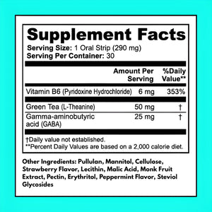 Cognitive Relax Strips supplement facts – 50 mg L-Theanine, 25 mg GABA, 6 mg Vitamin B6 per serving, 30 oral strips per container, clean ingredients
