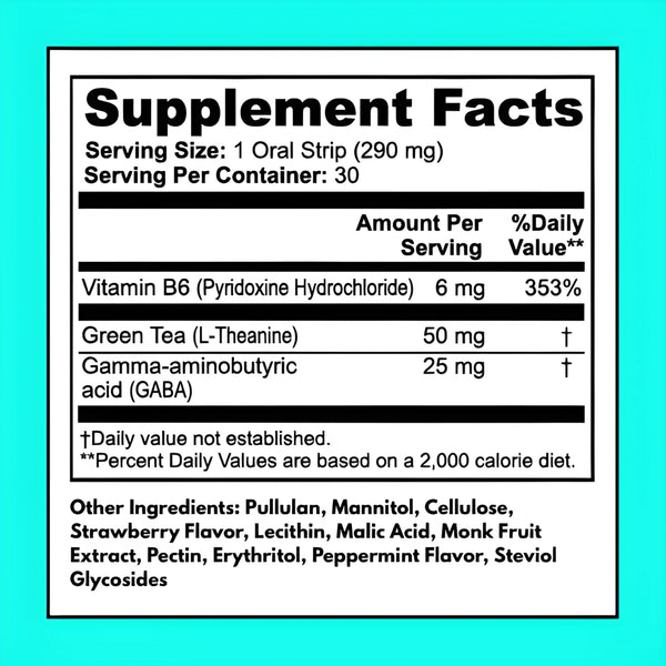 Cognitive Relax Strips supplement facts – 50 mg L-Theanine, 25 mg GABA, 6 mg Vitamin B6 per serving, 30 oral strips per container, clean ingredients