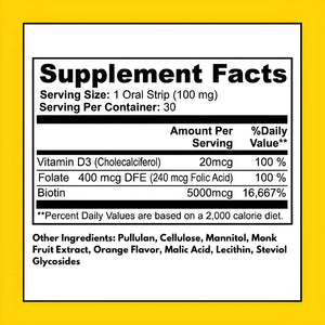 Hair, Skin, and Nails Strips supplement facts – Biotin 5000 mcg, Folate 400 mcg DFE, Vitamin D3 20 mcg per serving, 30 oral strips per container, clean ingredients
