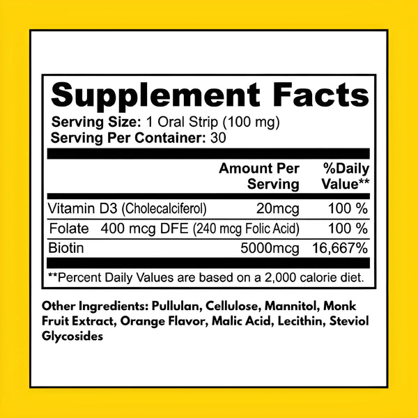Hair, Skin, and Nails Strips supplement facts – Biotin 5000 mcg, Folate 400 mcg DFE, Vitamin D3 20 mcg per serving, 30 oral strips per container, clean ingredients