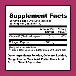 Beauty + Collagen Strips supplement facts – 100 mg collagen peptides, 6 mg Vitamin E per serving, 30 oral strips per container, clean ingredients