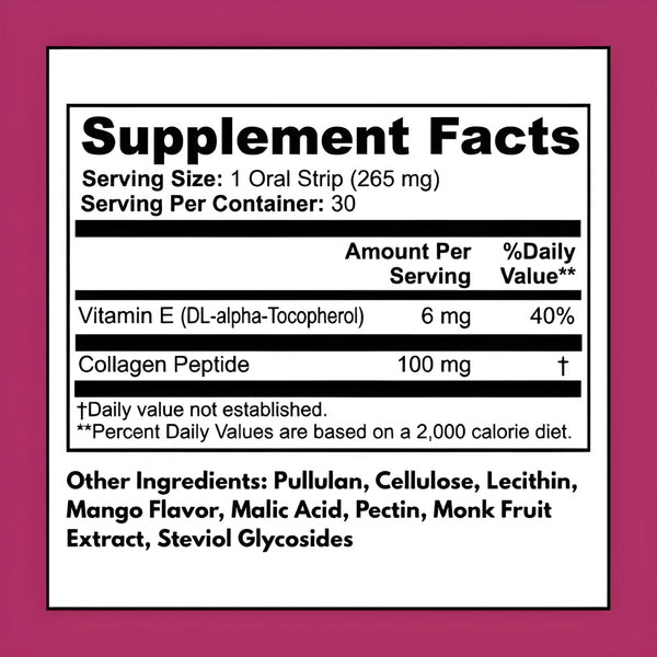 Beauty + Collagen Strips supplement facts – 100 mg collagen peptides, 6 mg Vitamin E per serving, 30 oral strips per container, clean ingredients