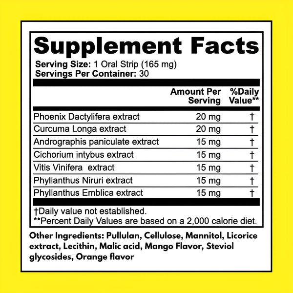 Hangover Relief Strips supplement facts – turmeric 20 mg, amla 15 mg, grape seed 15 mg, and other Ayurvedic botanicals per serving, 30 oral strips per container