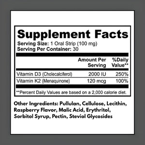 Bone Support Strips supplement facts – 2000 IU Vitamin D3 (250% DV), 120 mcg Vitamin K2 (100% DV) per serving, 30 oral strips per container