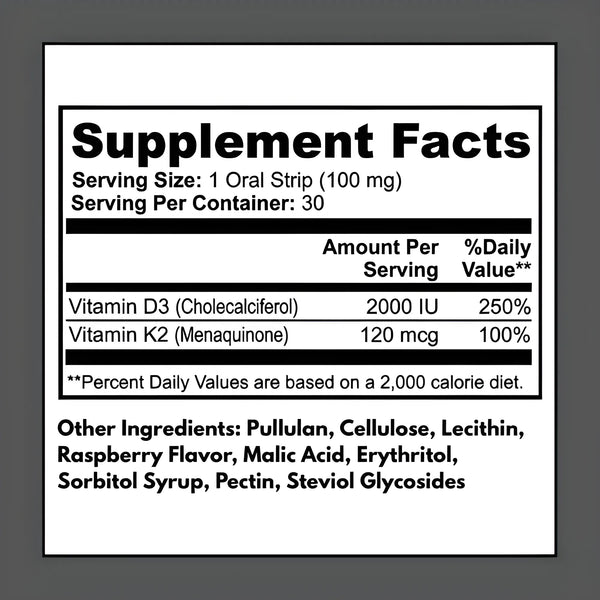 Bone Support Strips supplement facts – 2000 IU Vitamin D3 (250% DV), 120 mcg Vitamin K2 (100% DV) per serving, 30 oral strips per container