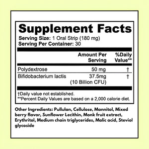 Probiotic + Metabolism Strips supplement facts – Polydextrose 50 mg, Bifidobacterium lactis 37.5 mg (10 Billion CFU) per serving, 30 oral strips per container, clean ingredients