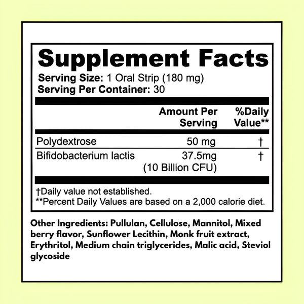 Probiotic + Metabolism Strips supplement facts – Polydextrose 50 mg, Bifidobacterium lactis 37.5 mg (10 Billion CFU) per serving, 30 oral strips per container, clean ingredients
