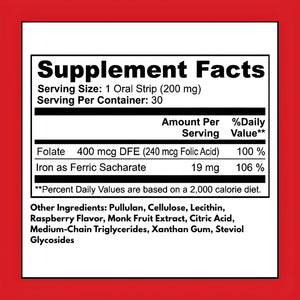 Iron Strips supplement facts – 19mg iron as Ferric Saccharate (106% DV), 400 mcg Folate (100% DV) per serving, 30 oral strips per container, clean ingredients