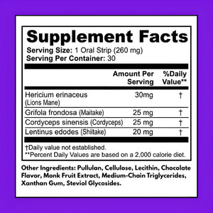 Mushroom Focus Strips supplement facts – Lion's Mane 30 mg, Maitake 25 mg, Cordyceps 25 mg, Shiitake 20 mg per serving, 30 oral strips per container, clean ingredients