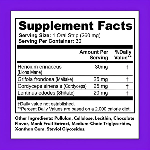 Mushroom Focus Strips supplement facts – Lion's Mane 30 mg, Maitake 25 mg, Cordyceps 25 mg, Shiitake 20 mg per serving, 30 oral strips per container, clean ingredients