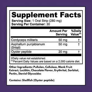 Libido Support Strips supplement facts – 50 mg Cordyceps, 50 mg Shilajit, 20 mg Oyster Peptide per serving, 30 oral strips per container, clean ingredients
