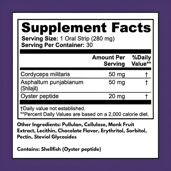 Libido Support Strips supplement facts – 50 mg Cordyceps, 50 mg Shilajit, 20 mg Oyster Peptide per serving, 30 oral strips per container, clean ingredients